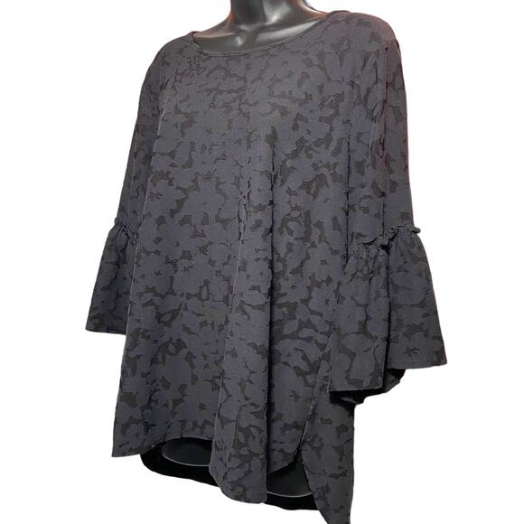 Apt 9 Women Black Blouse Top Size XL Bell 3/4 Sleeve Floral Stretch - Picture 3 of 11